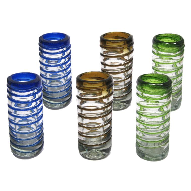 Tequila Shot Glasses / Blue & Green & Amber Spiral 2 oz Tequila Shot Glasses (set of 6) / Perfect for parties, this set includes two shot glasses with each colored spiral: cobalt blue, emerald green and amber.
